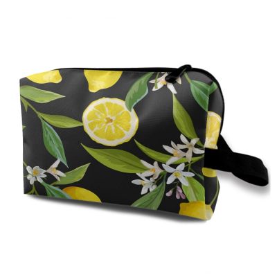 TropicalLife NIXUX Cosmetic Bag for Women Watercolor Lemon Pattern Make up Bag Travel Waterproof Toiletry Bag Zipper Portable Small Pencil Brushes Bag with Handle Strap