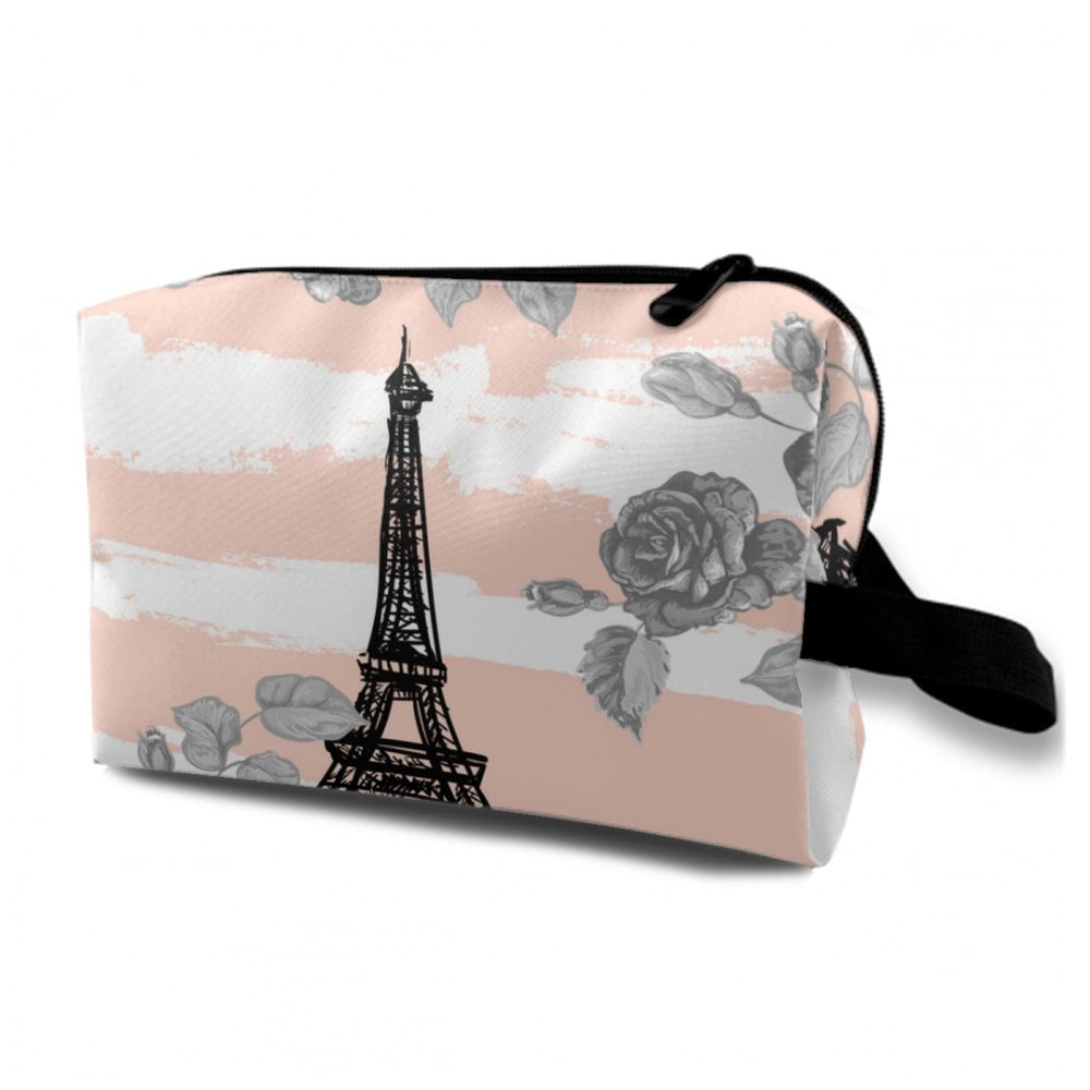 TropicalLife NIXUX Cosmetic Bag for Women Roses and Eiffel Tower Make up Bag Travel Waterproof Toiletry Bag Zipper Portable Small Pencil Brushes Bag with Handle Strap