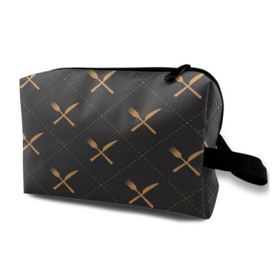 TropicalLife NIXUX Cosmetic Bag for Women Golden Knives and Forks Make up Bag Travel Waterproof Toiletry Bag Zipper Portable Small Pencil Brushes Bag with Handle Strap