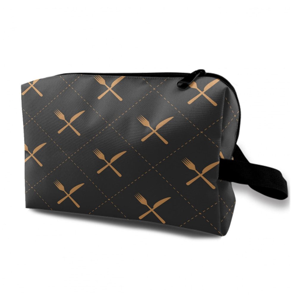 TropicalLife NIXUX Cosmetic Bag for Women Golden Knives and Forks Make up Bag Travel Waterproof Toiletry Bag Zipper Portable Small Pencil Brushes Bag with Handle Strap