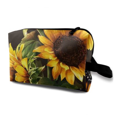 TropicalLife NIXUX Cosmetic Bag for Women Butterflies Are on Sunflowers Make up Bag Travel Waterproof Toiletry Bag Zipper Portable Small Pencil Brushes Bag with Handle Strap