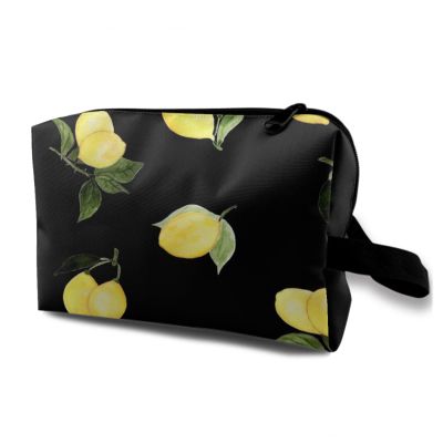 TropicalLife NIXUX Cosmetic Bag for Women Lemon Pattern Make up Bag Travel Waterproof Toiletry Bag Zipper Portable Small Pencil Brushes Bag with Handle Strap