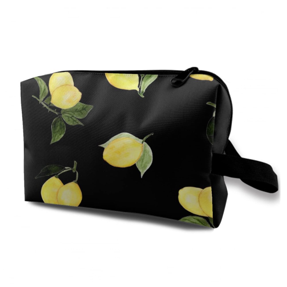 TropicalLife NIXUX Cosmetic Bag for Women Lemon Pattern Make up Bag Travel Waterproof Toiletry Bag Zipper Portable Small Pencil Brushes Bag with Handle Strap