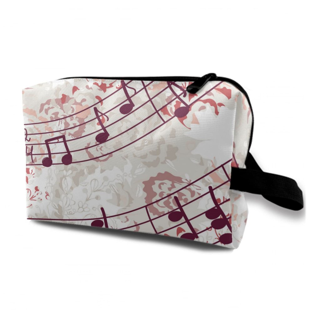 TropicalLife NIXUX Cosmetic Bag for Women Music Staff and Floral Make up Bag Travel Waterproof Toiletry Bag Zipper Portable Small Pencil Brushes Bag with Handle Strap