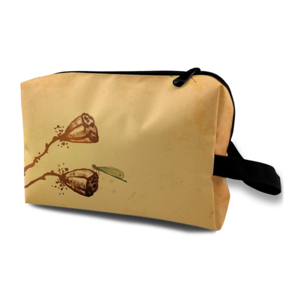 TropicalLife NIXUX Cosmetic Bag for Women Lotus and Dragonflies Make up Bag Travel Waterproof Toiletry Bag Zipper Portable Small Pencil Brushes Bag with Handle Strap
