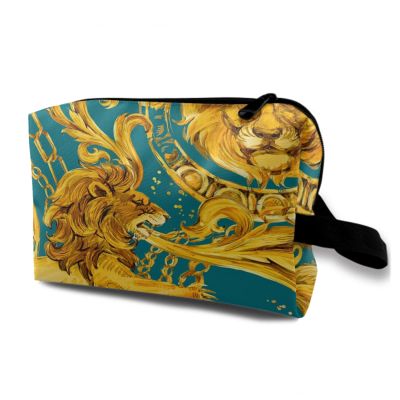 TropicalLife NIXUX Cosmetic Bag for Women Golden Lion Pattern Make up Bag Travel Waterproof Toiletry Bag Zipper Portable Small Pencil Brushes Bag with Handle Strap