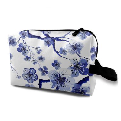 TropicalLife NIXUX Cosmetic Bag for Women Watercolor Cherry Blossoms Make up Bag Travel Waterproof Toiletry Bag Zipper Portable Small Pencil Brushes Bag with Handle Strap