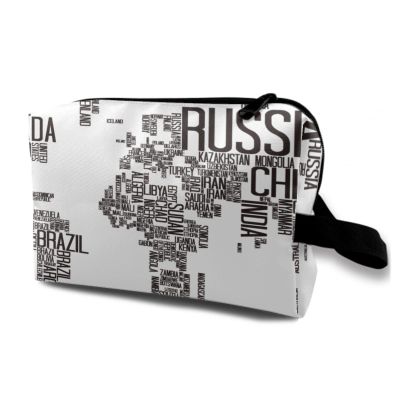 TropicalLife NIXUX Cosmetic Bag for Women World Map of Words Print Make up Bag Travel Waterproof Toiletry Bag Zipper Portable Small Pencil Brushes Bag with Handle Strap