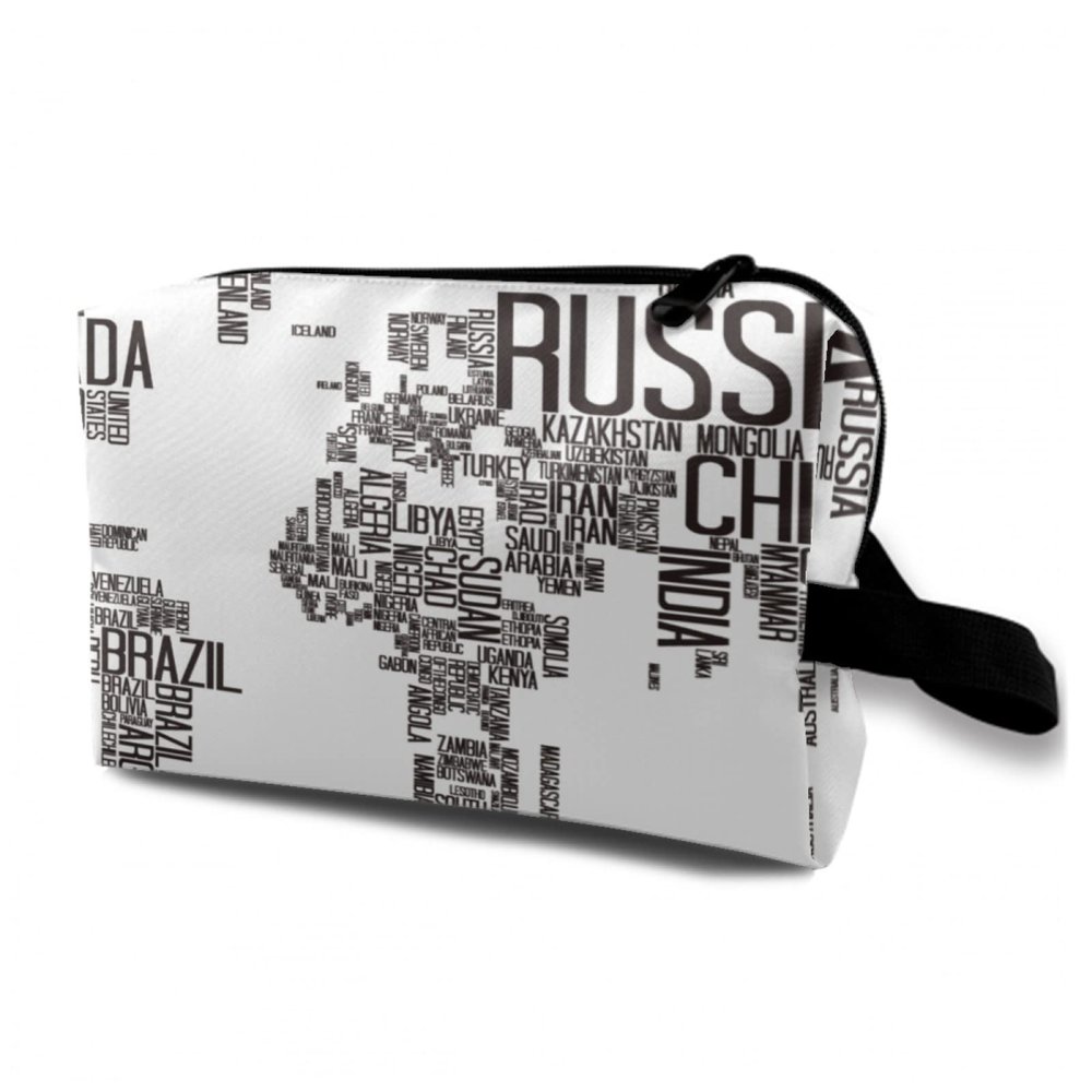 TropicalLife NIXUX Cosmetic Bag for Women World Map of Words Print Make up Bag Travel Waterproof Toiletry Bag Zipper Portable Small Pencil Brushes Bag with Handle Strap