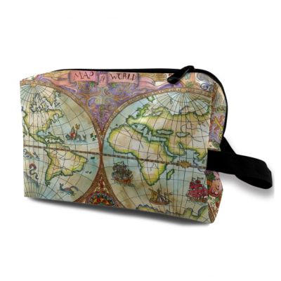 TropicalLife NIXUX Cosmetic Bag for Women Vintage World Map Make up Bag Travel Waterproof Toiletry Bag Zipper Portable Small Pencil Brushes Bag with Handle Strap