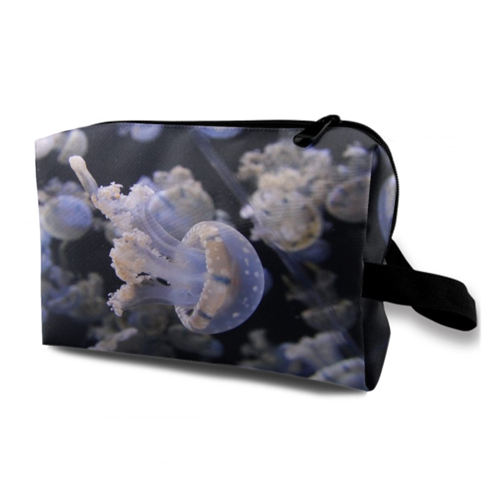 TropicalLife NIXUX Cosmetic Bag for Women Marine Jellyfish Pattern Make up Bag Travel Waterproof Toiletry Bag Zipper Portable Small Pencil Brushes Bag with Handle Strap