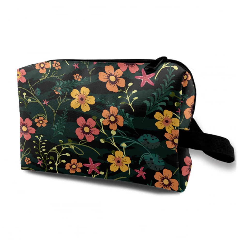 TropicalLife NIXUX Cosmetic Bag for Women Repeated Patterns Of Flowers And Leaves Make up Bag Travel Waterproof Toiletry Bag Zipper Portable Small Pencil Brushes Bag with Handle Strap