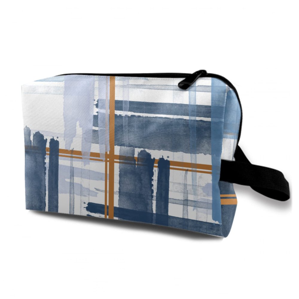 TropicalLife NIXUX Cosmetic Bag for Women Striped Grid Print Make up Bag Travel Waterproof Toiletry Bag Zipper Portable Small Pencil Brushes Bag with Handle Strap