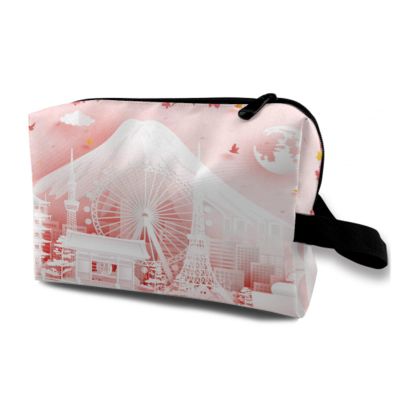 TropicalLife NIXUX Cosmetic Bag for Women Tokyo City Pattern Make up Bag Travel Waterproof Toiletry Bag Zipper Portable Small Pencil Brushes Bag with Handle Strap