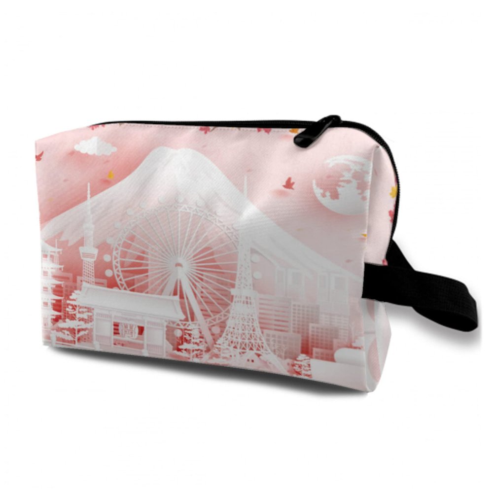 TropicalLife NIXUX Cosmetic Bag for Women Tokyo City Pattern Make up Bag Travel Waterproof Toiletry Bag Zipper Portable Small Pencil Brushes Bag with Handle Strap
