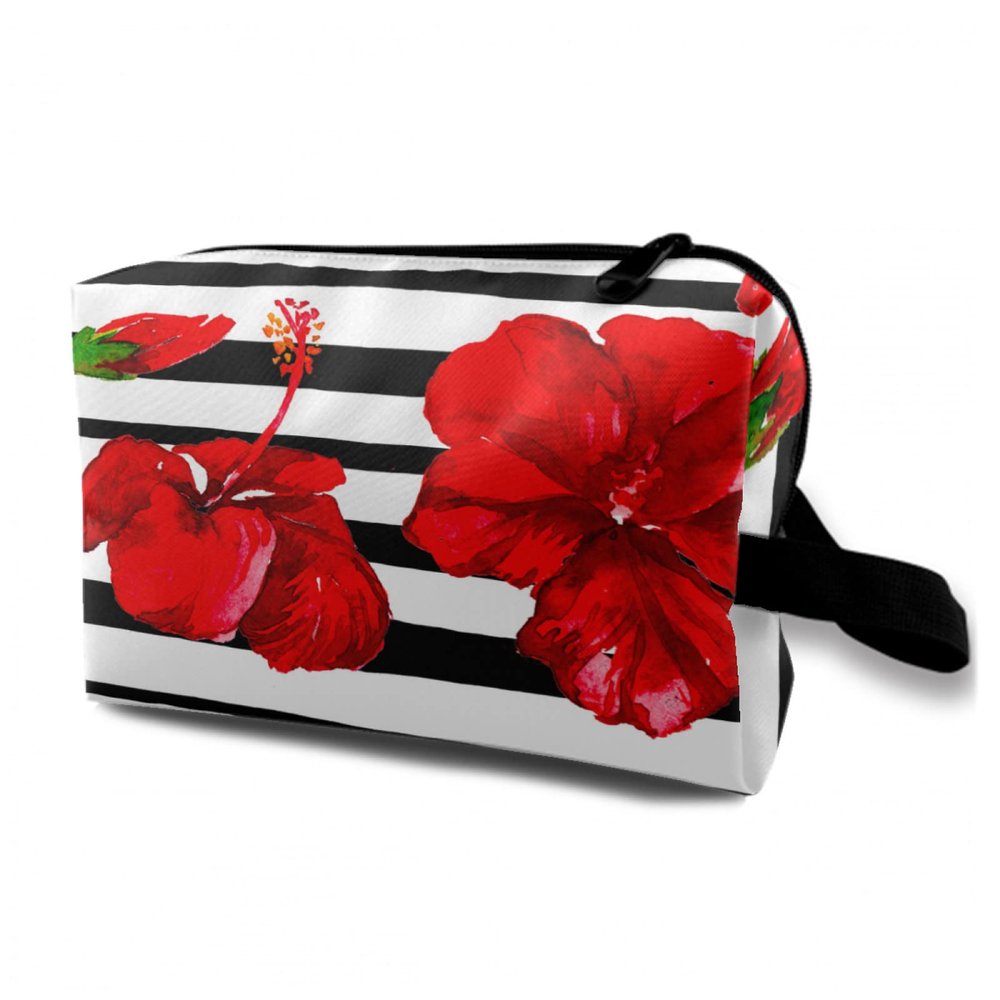 TropicalLife NIXUX Cosmetic Bag for Women Stripes and Flower Pattern Make up Bag Travel Waterproof Toiletry Bag Zipper Portable Small Pencil Brushes Bag with Handle Strap