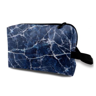 TropicalLife NIXUX Cosmetic Bag for Women Blue Marble Texture Make up Bag Travel Waterproof Toiletry Bag Zipper Portable Small Pencil Brushes Bag with Handle Strap