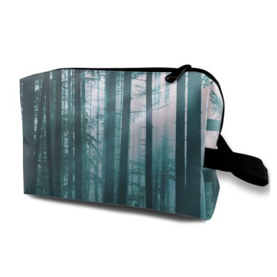 TropicalLife NIXUX Cosmetic Bag for Women Cold-Toned Fir Forest Pattern Make up Bag Travel Waterproof Toiletry Bag Zipper Portable Small Pencil Brushes Bag with Handle Strap