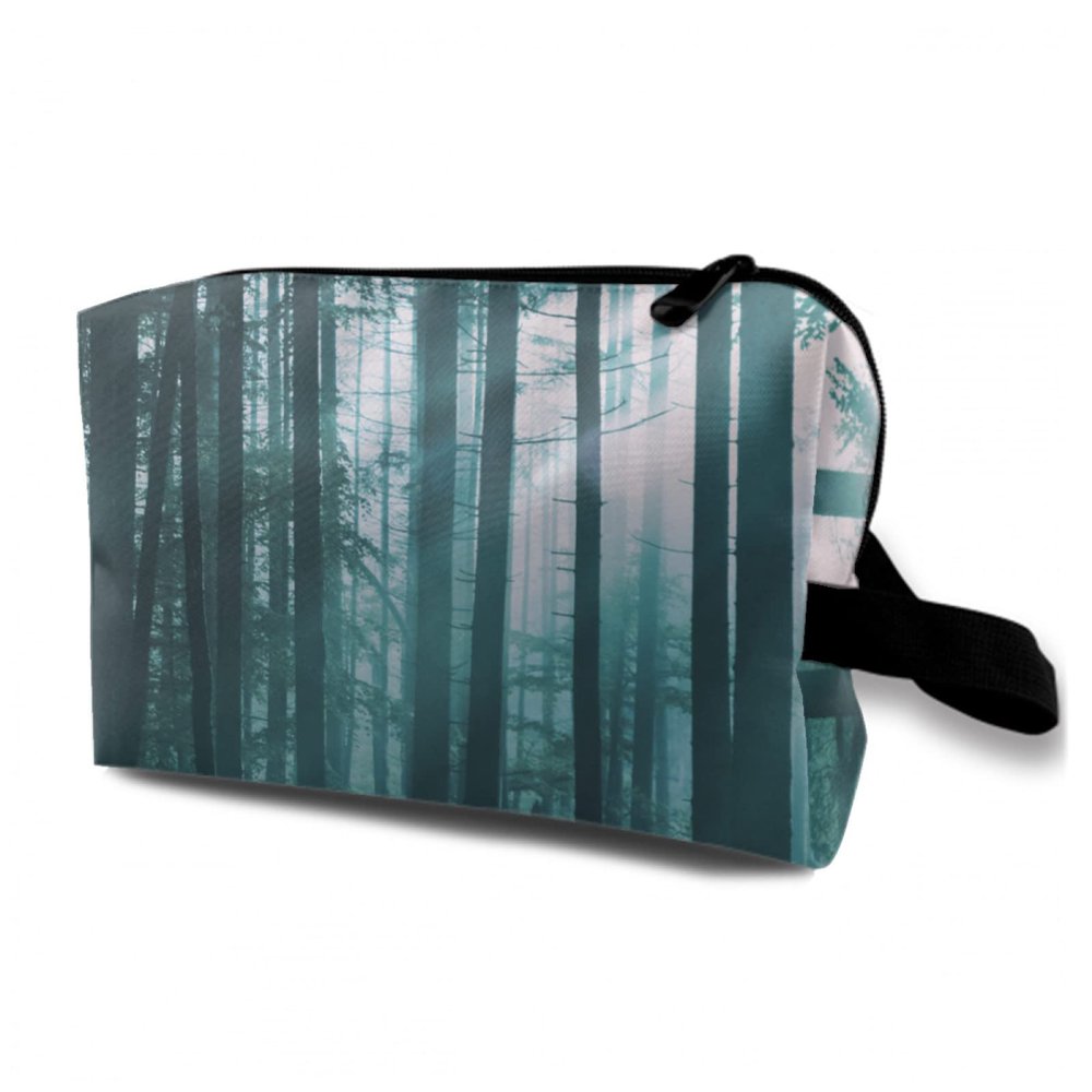 TropicalLife NIXUX Cosmetic Bag for Women Cold-Toned Fir Forest Pattern Make up Bag Travel Waterproof Toiletry Bag Zipper Portable Small Pencil Brushes Bag with Handle Strap