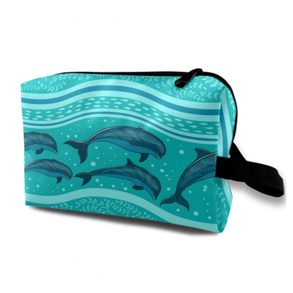 TropicalLife NIXUX Cosmetic Bag for Women Dolphins On The Bottom of The Sea Make up Bag Travel Waterproof Toiletry Bag Zipper Portable Small Pencil Brushes Bag with Handle Strap