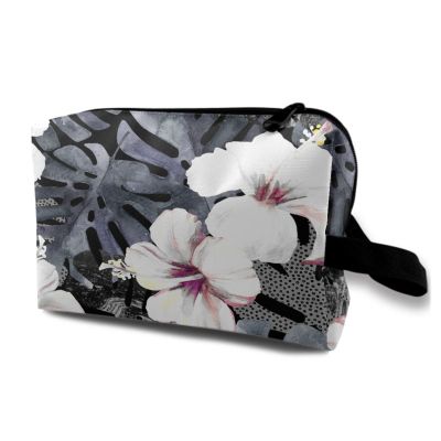 TropicalLife NIXUX Cosmetic Bag for Women Watercolor Hibiscus Pattern Make up Bag Travel Waterproof Toiletry Bag Zipper Portable Small Pencil Brushes Bag with Handle Strap