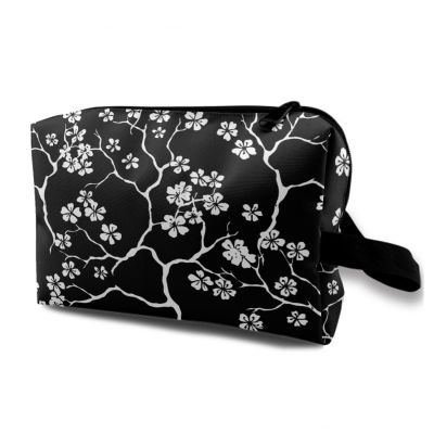 TropicalLife NIXUX Cosmetic Bag for Women Art Cherry Blossom Pattern Make up Bag Travel Waterproof Toiletry Bag Zipper Portable Small Pencil Brushes Bag with Handle Strap