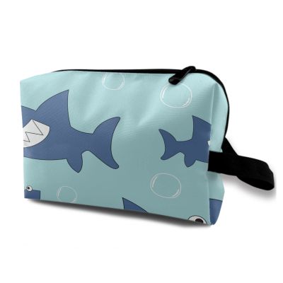 TropicalLife NIXUX Cosmetic Bag for Women Cartoon Shark Pattern Make up Bag Travel Waterproof Toiletry Bag Zipper Portable Small Pencil Brushes Bag with Handle Strap