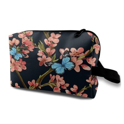 TropicalLife NIXUX Cosmetic Bag for Women Plums and Blue Butterflies Make up Bag Travel Waterproof Toiletry Bag Zipper Portable Small Pencil Brushes Bag with Handle Strap