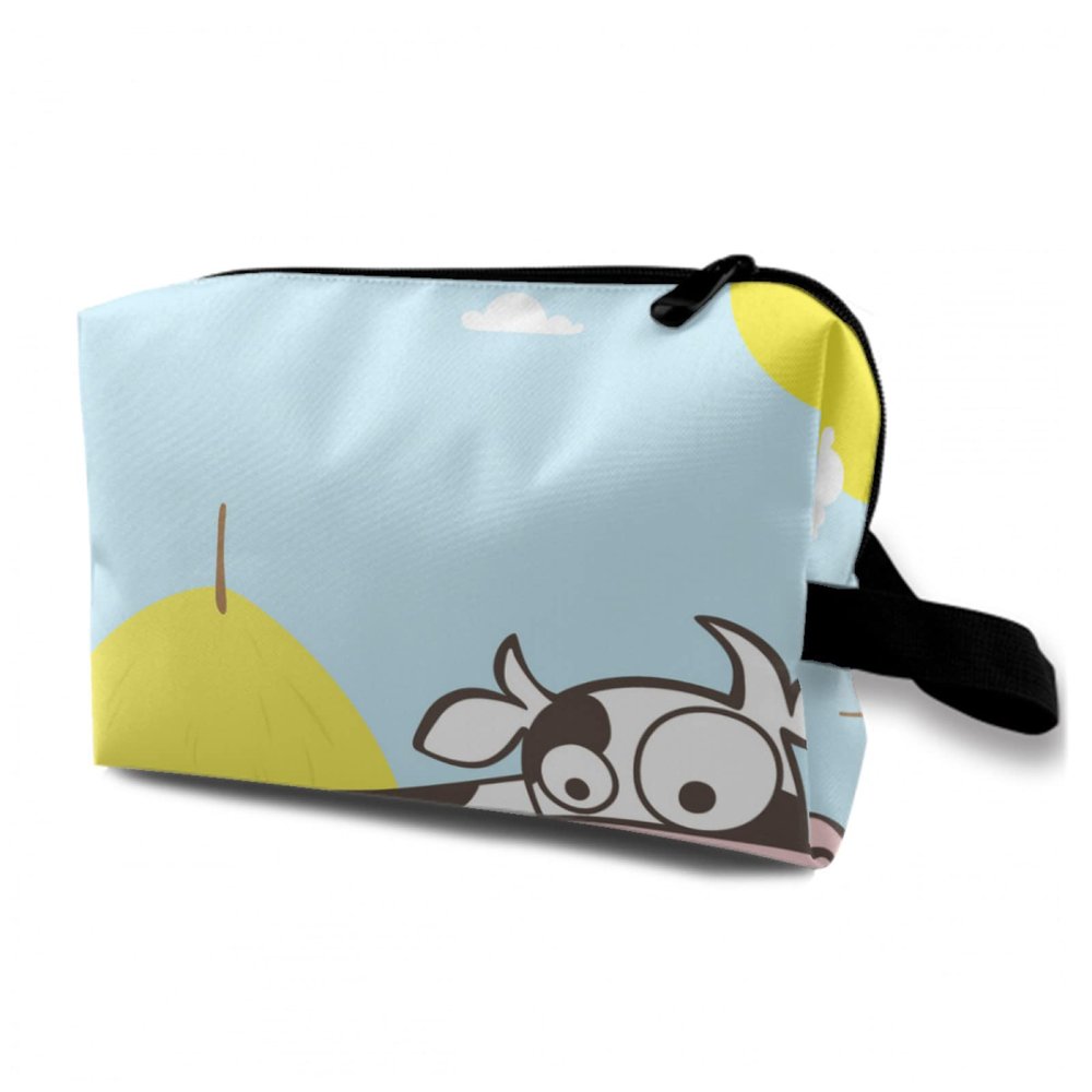 TropicalLife NIXUX Cosmetic Bag for Women Cute Cartoon Cow Make up Bag Travel Waterproof Toiletry Bag Zipper Portable Small Pencil Brushes Bag with Handle Strap