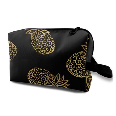 TropicalLife NIXUX Cosmetic Bag for Women Golden Pineapple Make up Bag Travel Waterproof Toiletry Bag Zipper Portable Small Pencil Brushes Bag with Handle Strap