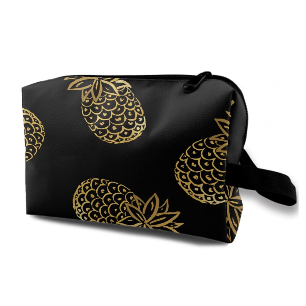 TropicalLife NIXUX Cosmetic Bag for Women Golden Pineapple Make up Bag Travel Waterproof Toiletry Bag Zipper Portable Small Pencil Brushes Bag with Handle Strap