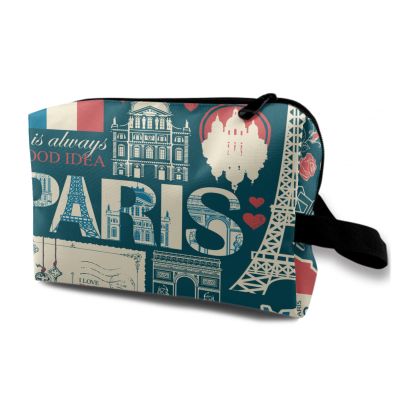 TropicalLife NIXUX Cosmetic Bag for Women French Architectural Landmarks Make up Bag Travel Waterproof Toiletry Bag Zipper Portable Small Pencil Brushes Bag with Handle Strap