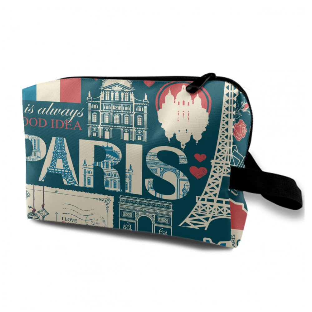 TropicalLife NIXUX Cosmetic Bag for Women French Architectural Landmarks Make up Bag Travel Waterproof Toiletry Bag Zipper Portable Small Pencil Brushes Bag with Handle Strap