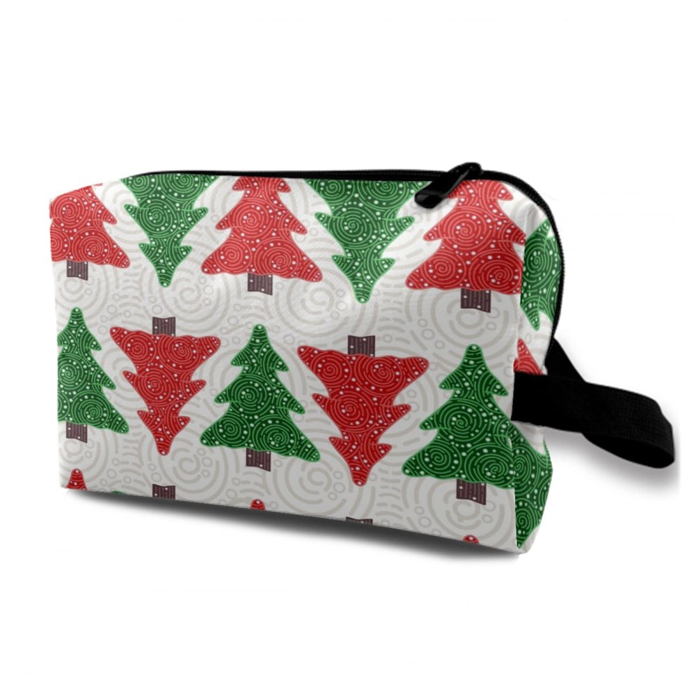 TropicalLife NIXUX Cosmetic Bag for Women Red and Green Christmas Trees Make up Bag Travel Waterproof Toiletry Bag Zipper Portable Small Pencil Brushes Bag with Handle Strap