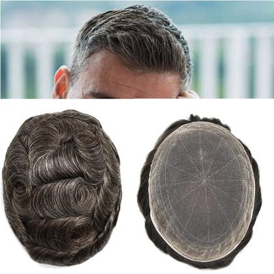 Transparent French Lace Mens Toupee Hairpieces Human Hair Replacement Bleached Knots Swiss lace Wigs for Men Full Lace Hair System (8"X10", #1B30 Off Black+30% Gray-100% Light to Med-Light)