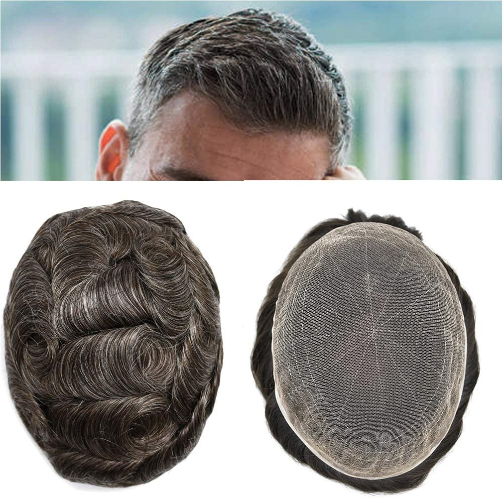 Transparent French Lace Mens Toupee Hairpieces Human Hair Replacement Bleached Knots Swiss lace Wigs for Men Full Lace Hair System (8"X10", #1B30 Off Black+30% Gray-100% Light to Med-Light)