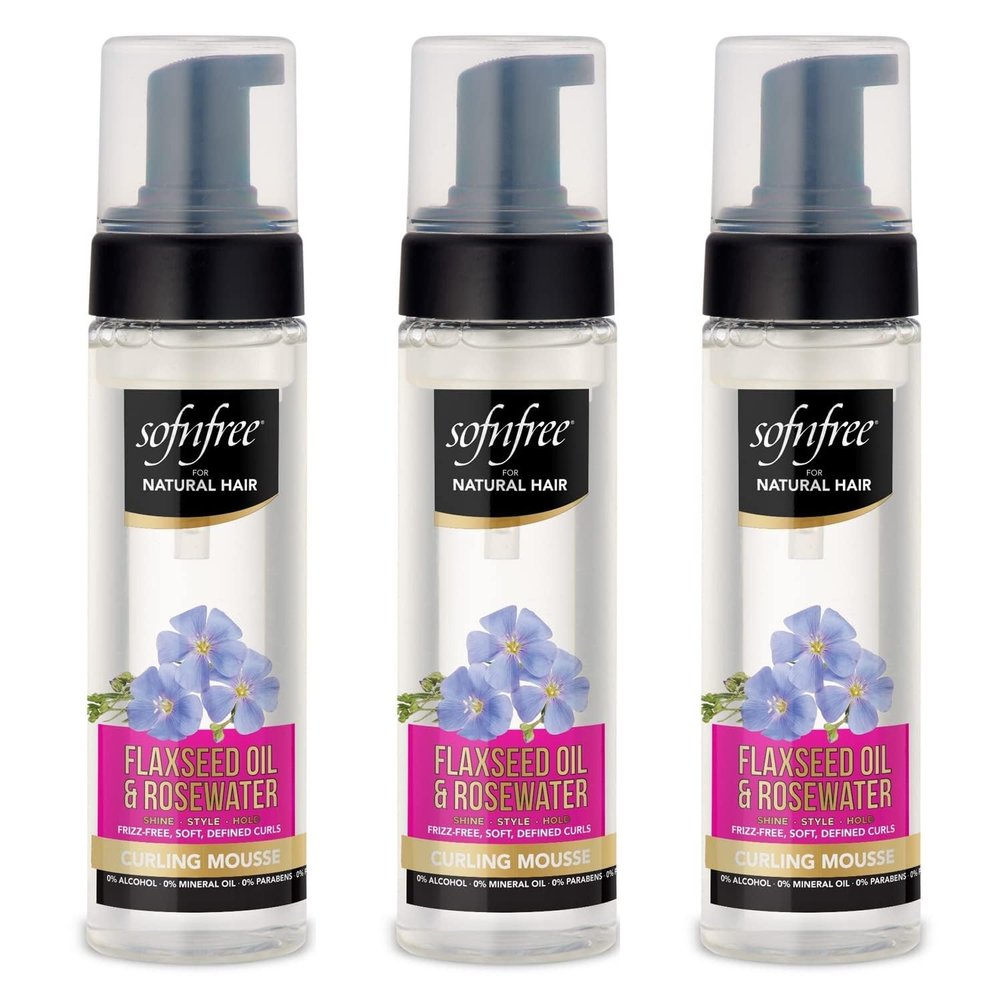 SOF N' FREE Curling Mousse with Flaxseed Oil & Rosewater for Natural Curly Hairs, Coils, Waves, Braids - Adds Body, Reduces Frizz, Defines Curls - 6.76 Fl Oz (Pack of 3)