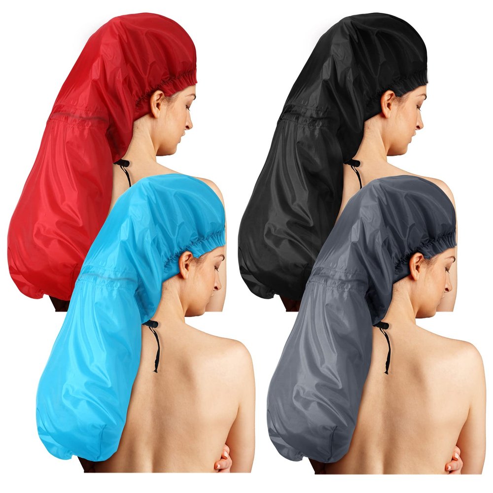 Eurzom 4 Pcs Large Shower Cap for Braids Extra Long Shower Cap for Women Long Hair Locs Foldable Waterproof Reusable XL Hair Bonnets for Dreadlocks Drawstring Bath Caps(Red, Blue, Black, Gray)