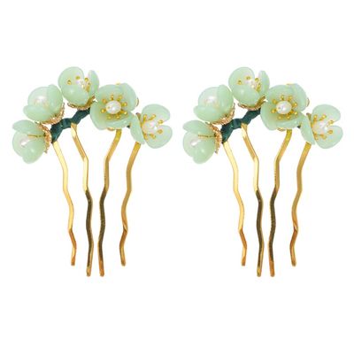 2PCS Jade Hair Pins Chinese Flower Hair Sticks Retro Chignon Hair for Women Girls