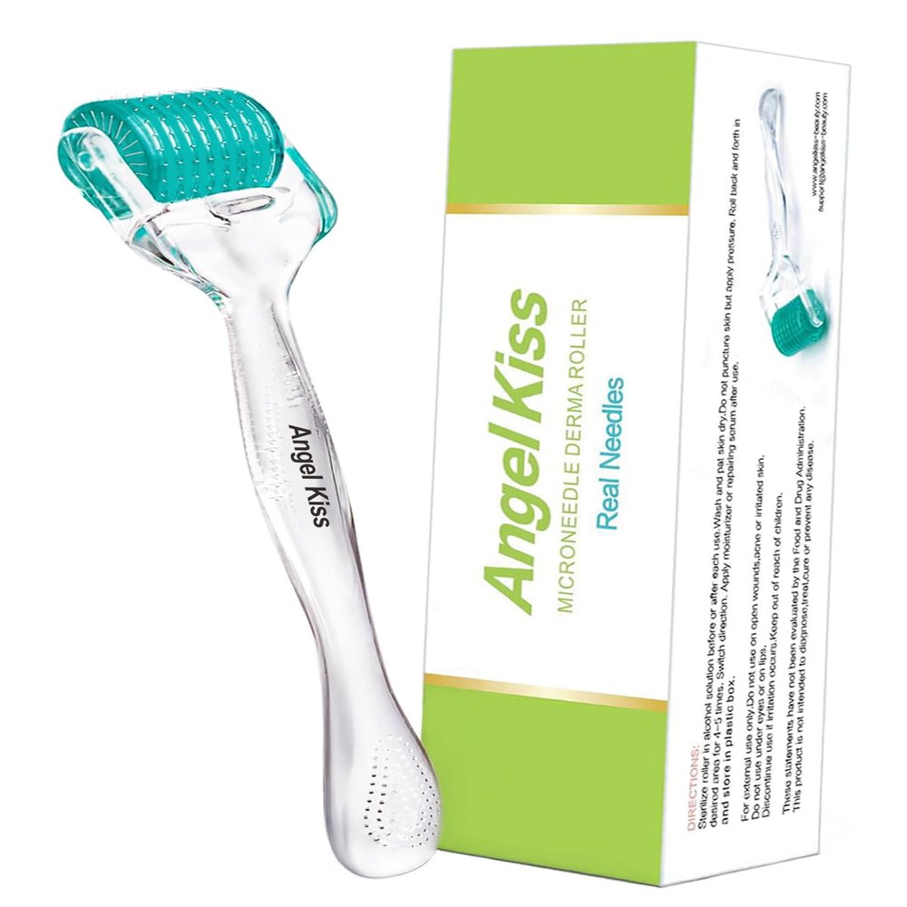 Derma Roller Real Needles - Angel Kiss 0.25mm Microneedling Roller with Case - 192 Stainless Steel Micro Needling Dermal Kit for Face, Scalp, Body - At Home Microdermabrasion Roller for Women Men