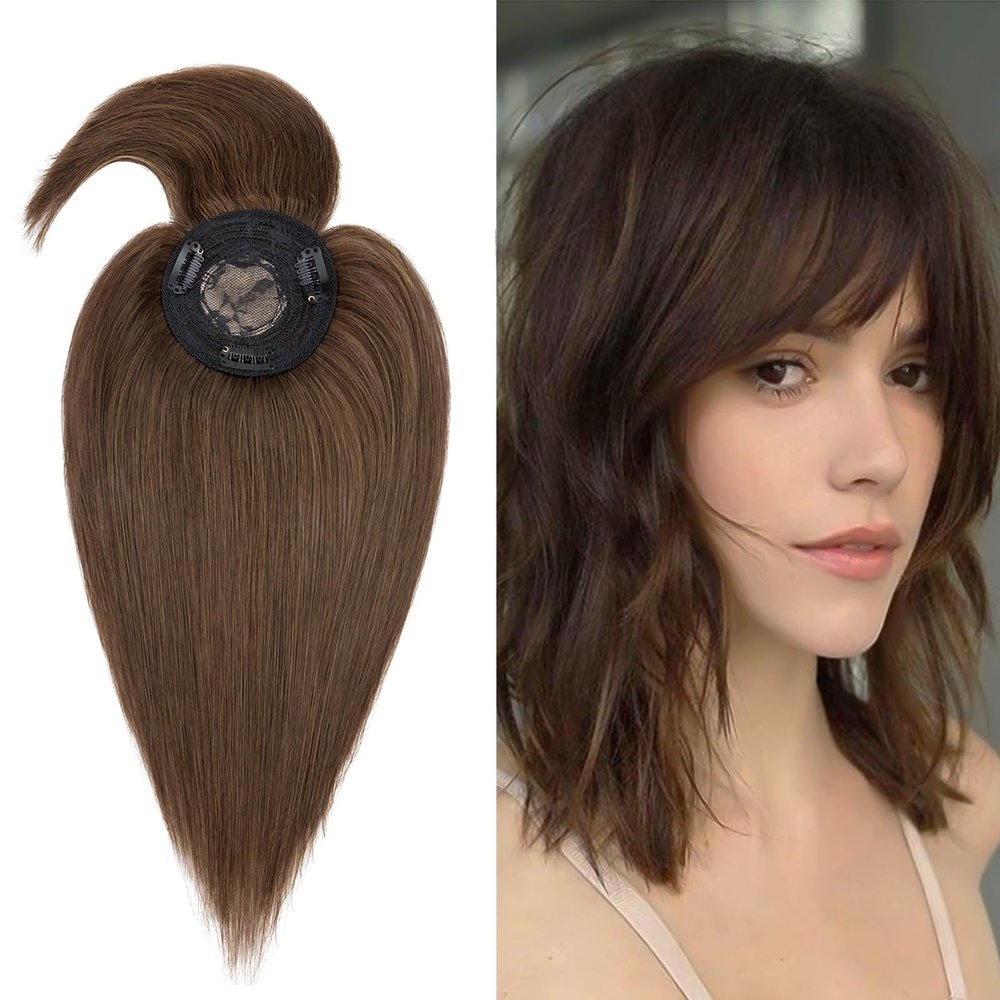 MY-LADY Top Hairpiece for Women with Bangs - Natural Mono Base Topper, 100% Real Human Hair Clip-in, Straight Middle Part, 16 Inch #4 Medium Brown