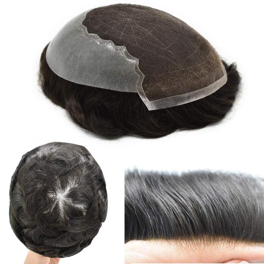 LYRICAL HAIR French Lace Front Bleached Knots Mens Toupee Poly Skin PU Hair System Replacement Natural Hairline Hairpieces for Men (8"x10", #410 Medium Brown+10% Gray-100% Light to Med-light Density)