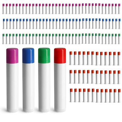 144 White Plastic Empty Lip Balm Tubes Combo Kit with Assorted Color Friction Fit Caps in Red, Blue, Purple, Green, 0.15 oz Tubes, Bulk Lip Balm Containers for DIY Lip Balm and Lip Balm Crafting
