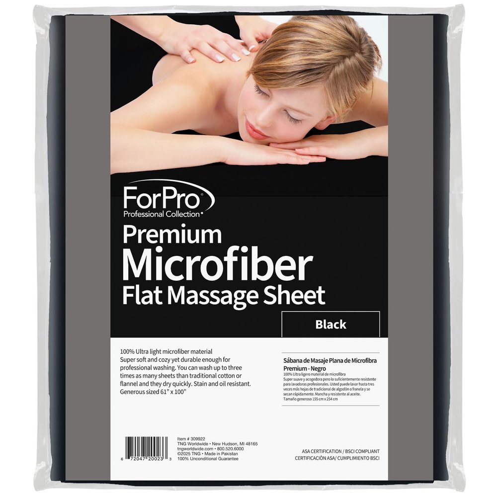 ForPro Professional Collection Premium Microfiber Flat Sheet for Massage Tables, Ultra-Light, Stain and Wrinkle-Resistant, 61" W x 100" L, Black
