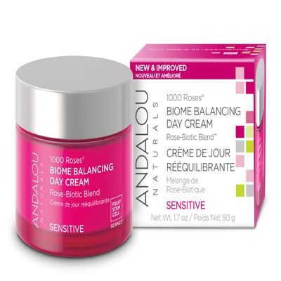 Andalou Naturals 1000 Roses Skin Biome Balancing Day Cream - Lightweight Face Moisturizer with Alpine Rose Stem Cells, Postbiotics - Soothing Hydration for Sensitive Skin - 1.7 Oz