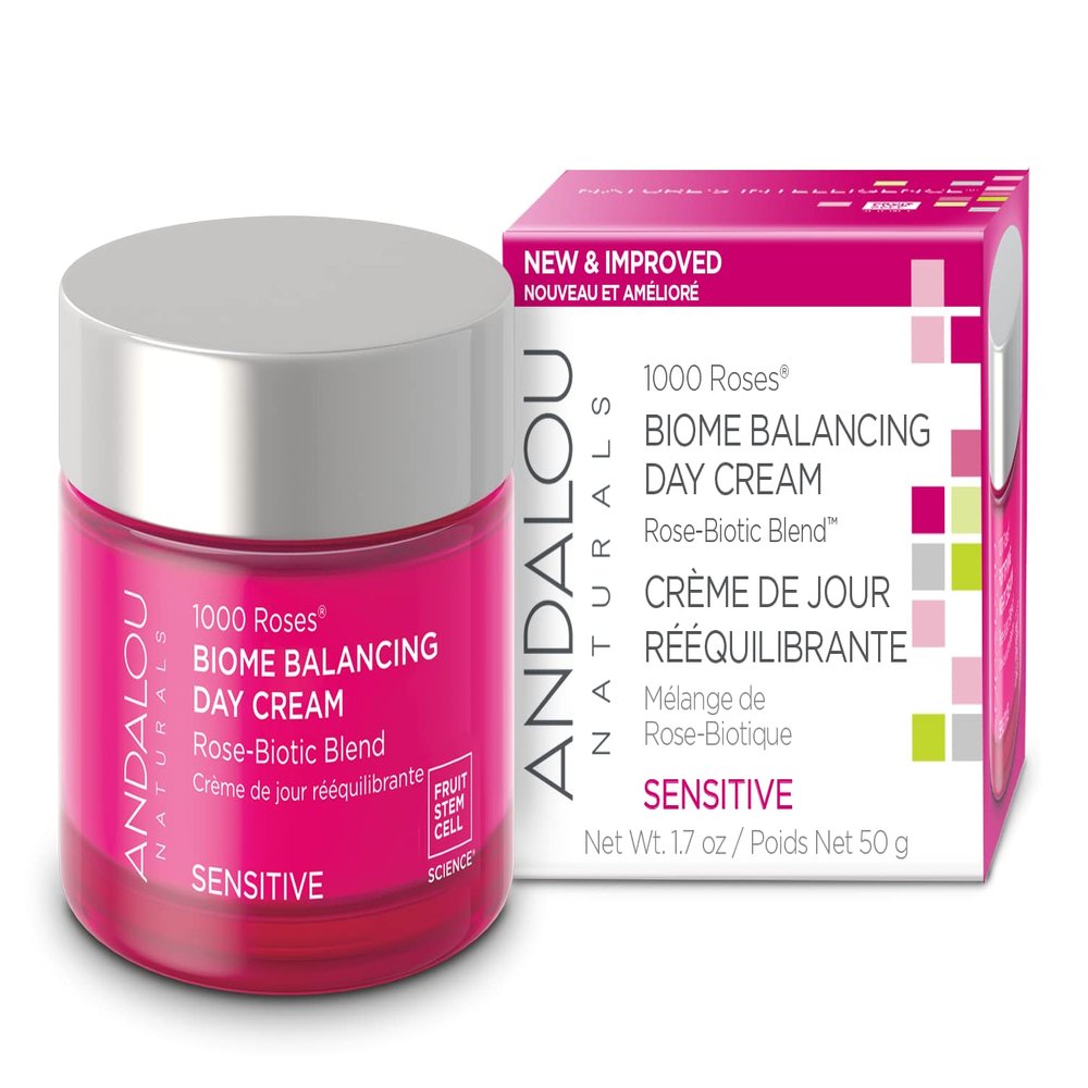Andalou Naturals 1000 Roses Skin Biome Balancing Day Cream - Lightweight Face Moisturizer with Alpine Rose Stem Cells, Postbiotics - Soothing Hydration for Sensitive Skin - 1.7 Oz