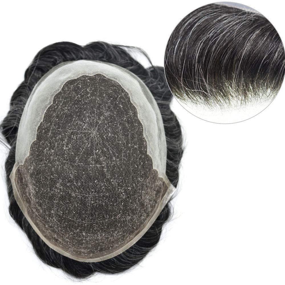 Mens Toupee Hairpieces French Lace Front Human Hair Replacement System Thin Skin PU Swiss Lace Toupee Gray Black Brown Ash Blonde Men Hair Piece Natural Hairline Wigs for Men SINGA HAIR (6''x8'130%Medium Density, 1B60# Natural Black With 60% Gray)