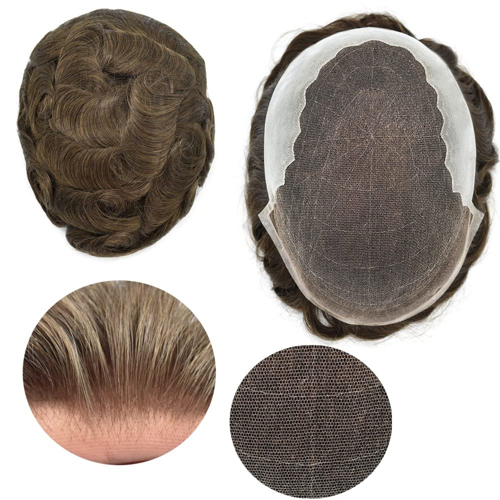 Mens Toupee Hairpieces French Lace Front Human Hair Replacement System Thin Skin PU Swiss Lace Toupee Gray Black Brown Ash Blonde Men Hair Piece Natural Hairline Wigs for Men SINGA HAIR (8''x10'' 100%Light Density, 1B50# Natural Black With 50% Gray)