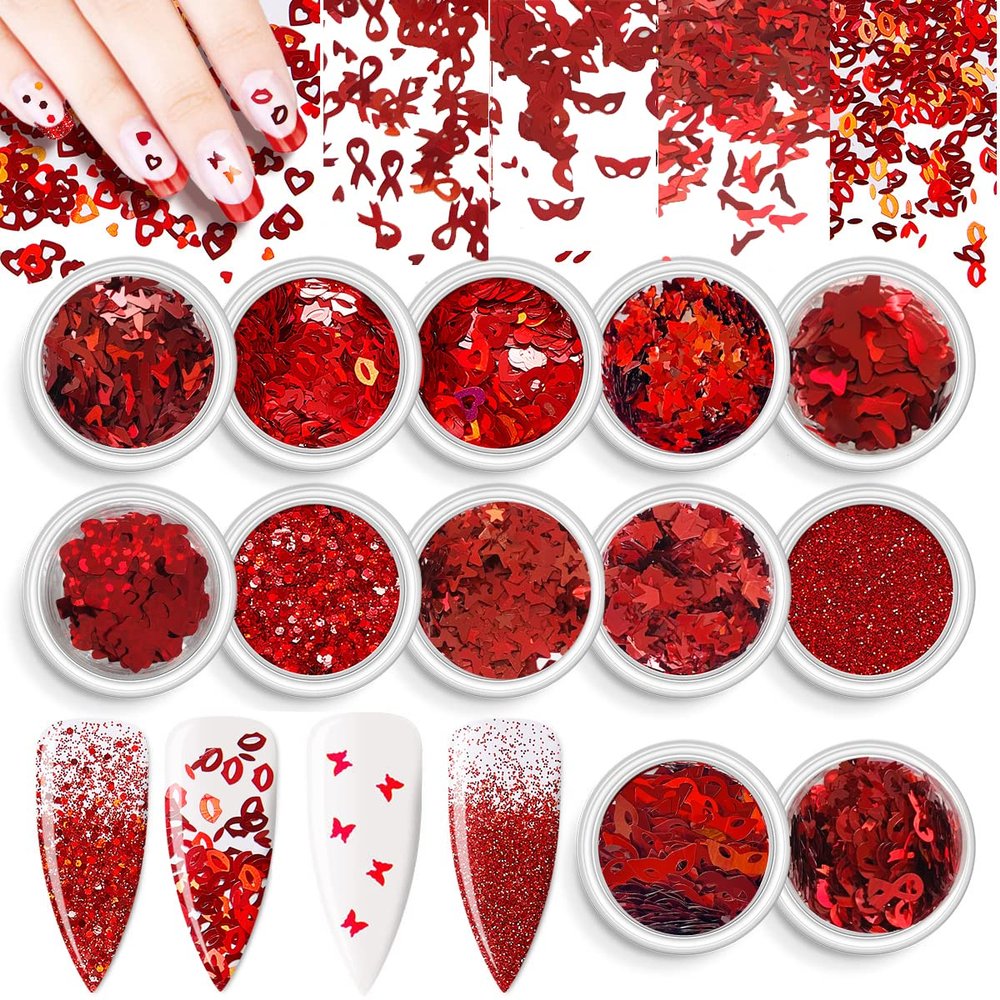 12 Colors Box/Set - Hot Red Valentine's Day Series Glitter - Festival Rave Beauty Makeup Face Body Nail Art Tumbler Holiday Decoration VA-LB300