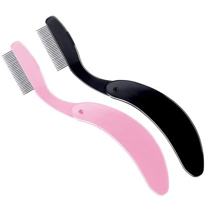 AKOAK 2 Pcs Folding Eyelash Comb, Stainless Steel Teeth Eyebrow Separator Comb, Lash and Brow Makeup Applicator Brush, Professional Eyelash Tool for Define Lash